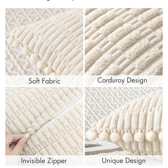 Throw Pillow Covers Pack of 2 Pom-pom Soft Boho Striped  Modern Farmhouse‎ cream - Picture 2 of 5